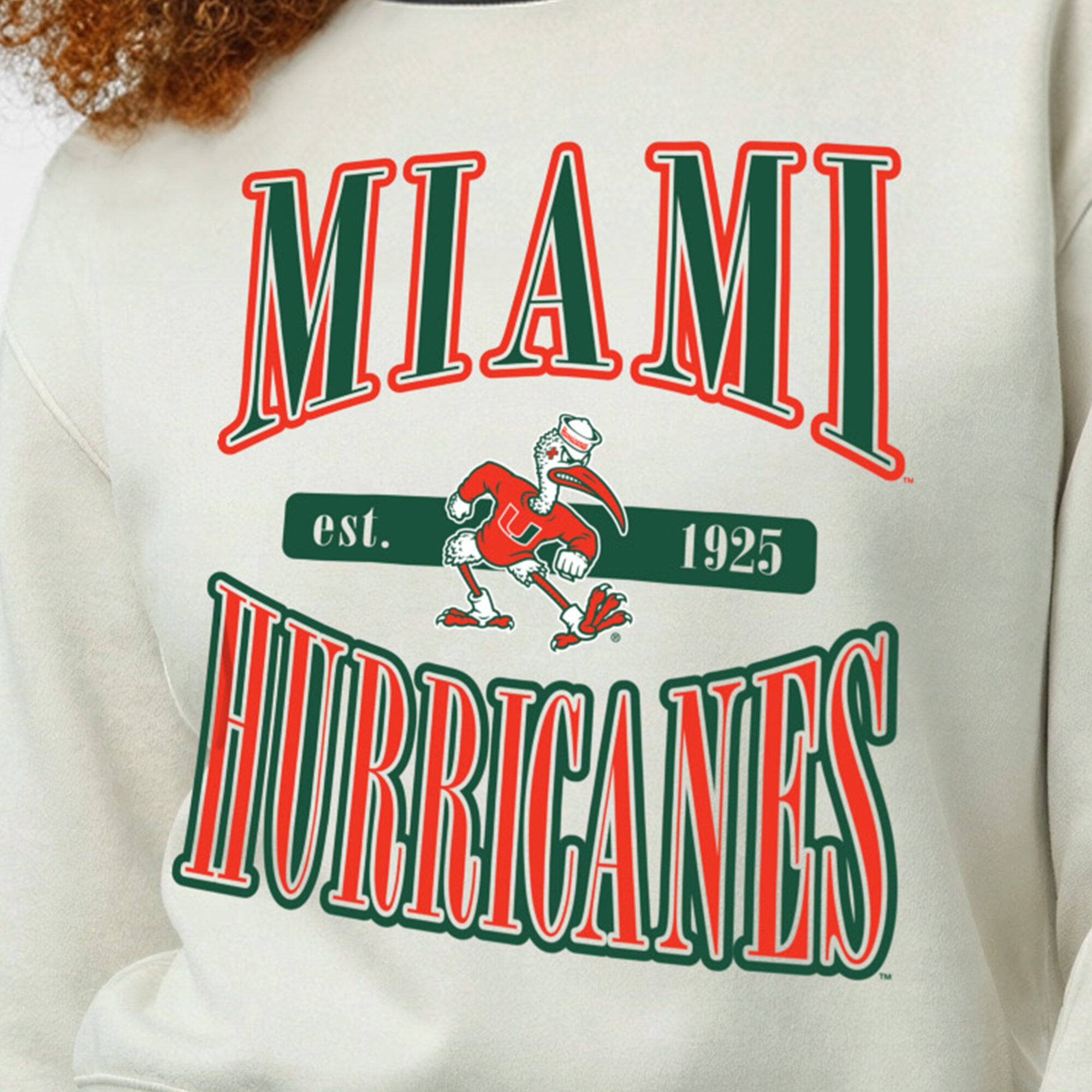 Women's Champion  White Miami Hurricanes Yarn Dye Rib Reverse Weave Crew Sweatshirt